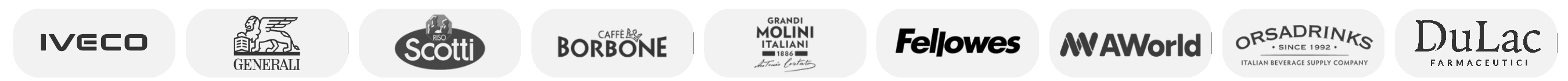 Iveco, Generali, Riso Scotti, Caffè Borbone, Grandi Molini Italiani, Fellowes, AWorld